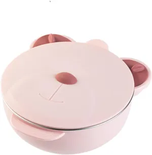 I love D&M Cute Animal Baby Toddler Food-Grade 316 Stainless Steel Bowl with Insulated Lid Strong Suction Leak-Resistant BPA Free Easy to clean (no utensil, Princess Pink)