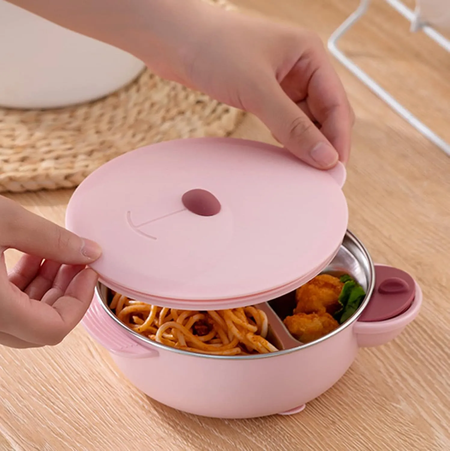 I love D&M Cute Animal Baby Toddler Food-Grade 316 Stainless Steel Bowl with Insulated Lid Strong Suction Leak-Resistant BPA Free Easy to clean (no utensil, Princess Pink)
