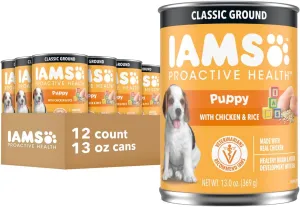 IAMS Proactive Health Puppy Wet Dog Food Classic Ground with Chicken and Rice, 13 oz. Cans, Pack of 12