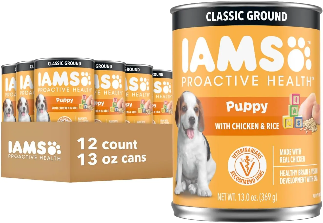 IAMS Proactive Health Puppy Wet Dog Food Classic Ground with Chicken and Rice, 13 oz. Cans, Pack of 12