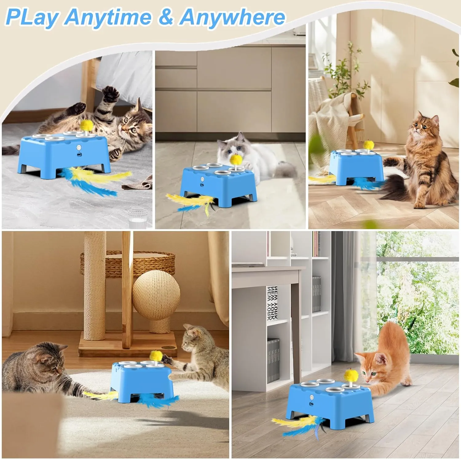 Interactive Cat Toys, 2-in-1 Automatic Cat Toy, 4 Holes Mice Whack A Mole Cat Mouse Toy with Moving Feather, Portable USB Rechargeable Electronic Kitten Toys (Blue)