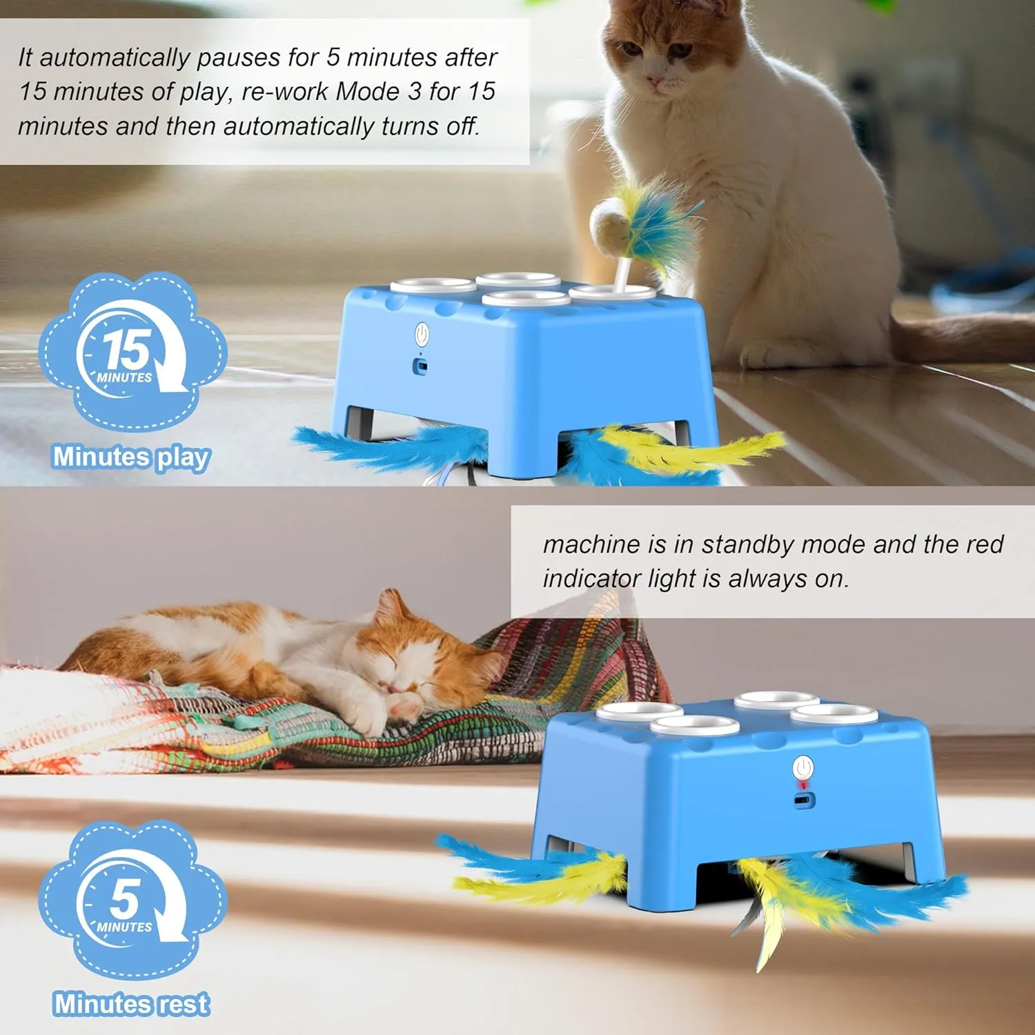 Interactive Cat Toys, 2-in-1 Automatic Cat Toy, 4 Holes Mice Whack A Mole Cat Mouse Toy with Moving Feather, Portable USB Rechargeable Electronic Kitten Toys (Blue)
