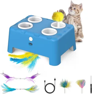 Interactive Cat Toys, 2-in-1 Automatic Cat Toy, 4 Holes Mice Whack A Mole Cat Mouse Toy with Moving Feather, Portable USB Rechargeable Electronic Kitten Toys (Blue)