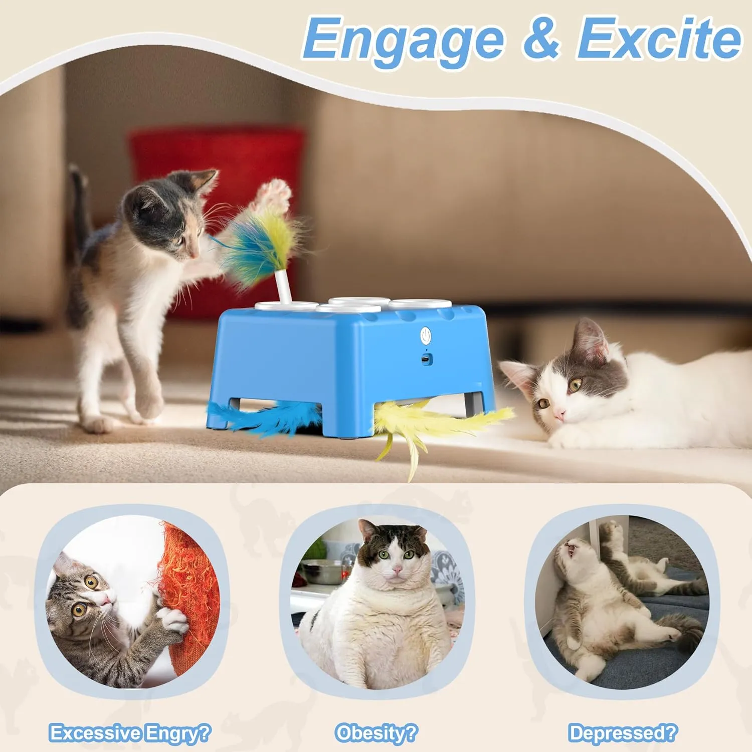 Interactive Cat Toys, 2-in-1 Automatic Cat Toy, 4 Holes Mice Whack A Mole Cat Mouse Toy with Moving Feather, Portable USB Rechargeable Electronic Kitten Toys (Blue)