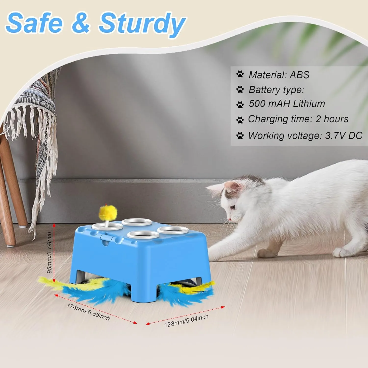 Interactive Cat Toys, 2-in-1 Automatic Cat Toy, 4 Holes Mice Whack A Mole Cat Mouse Toy with Moving Feather, Portable USB Rechargeable Electronic Kitten Toys (Blue)