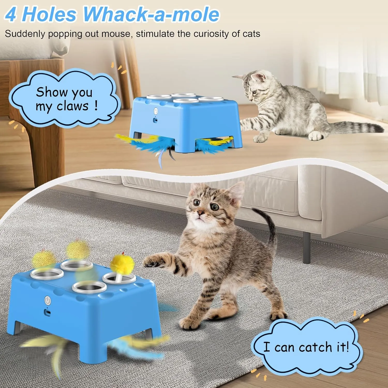 Interactive Cat Toys, 2-in-1 Automatic Cat Toy, 4 Holes Mice Whack A Mole Cat Mouse Toy with Moving Feather, Portable USB Rechargeable Electronic Kitten Toys (Blue)