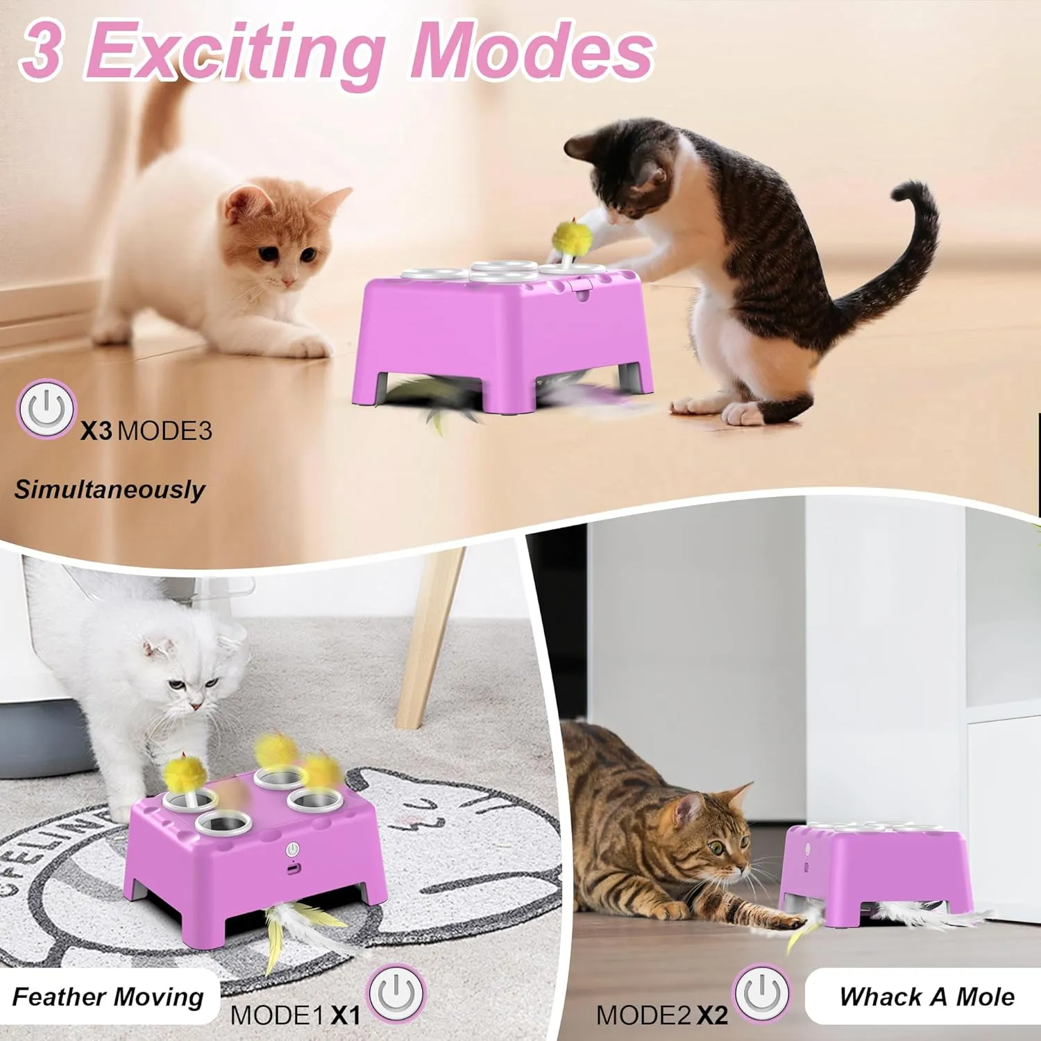 Interactive Cat Toys, 2-in-1 Automatic Cat Toy, 4 Holes Mice Whack A Mole Cat Mouse Toy with Moving Feather, Portable USB Rechargeable Electronic Kitten Toys (Pink)