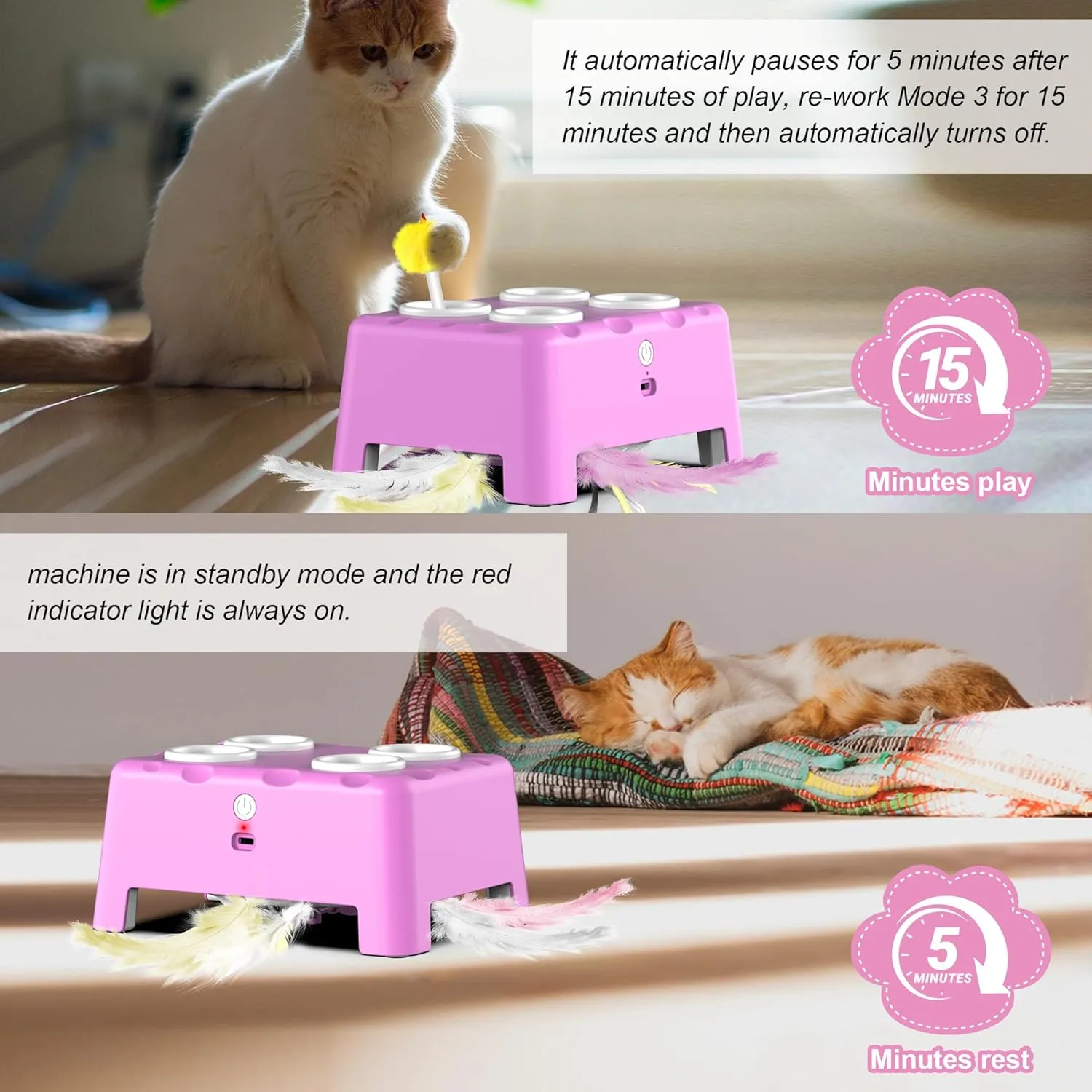 Interactive Cat Toys, 2-in-1 Automatic Cat Toy, 4 Holes Mice Whack A Mole Cat Mouse Toy with Moving Feather, Portable USB Rechargeable Electronic Kitten Toys (Pink)
