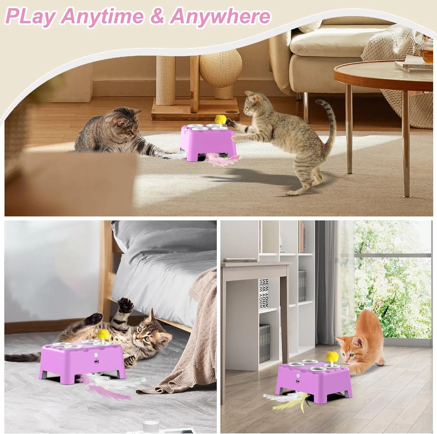 Interactive Cat Toys, 2-in-1 Automatic Cat Toy, 4 Holes Mice Whack A Mole Cat Mouse Toy with Moving Feather, Portable USB Rechargeable Electronic Kitten Toys (Pink)