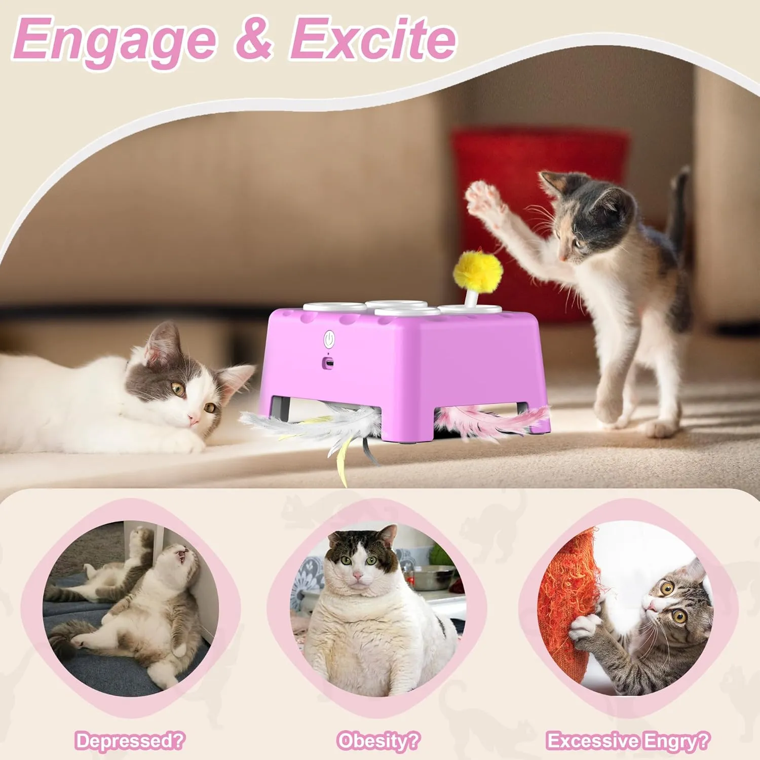 Interactive Cat Toys, 2-in-1 Automatic Cat Toy, 4 Holes Mice Whack A Mole Cat Mouse Toy with Moving Feather, Portable USB Rechargeable Electronic Kitten Toys (Pink)