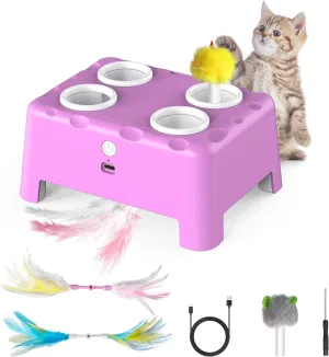 Interactive Cat Toys, 2-in-1 Automatic Cat Toy, 4 Holes Mice Whack A Mole Cat Mouse Toy with Moving Feather, Portable USB Rechargeable Electronic Kitten Toys (Pink)