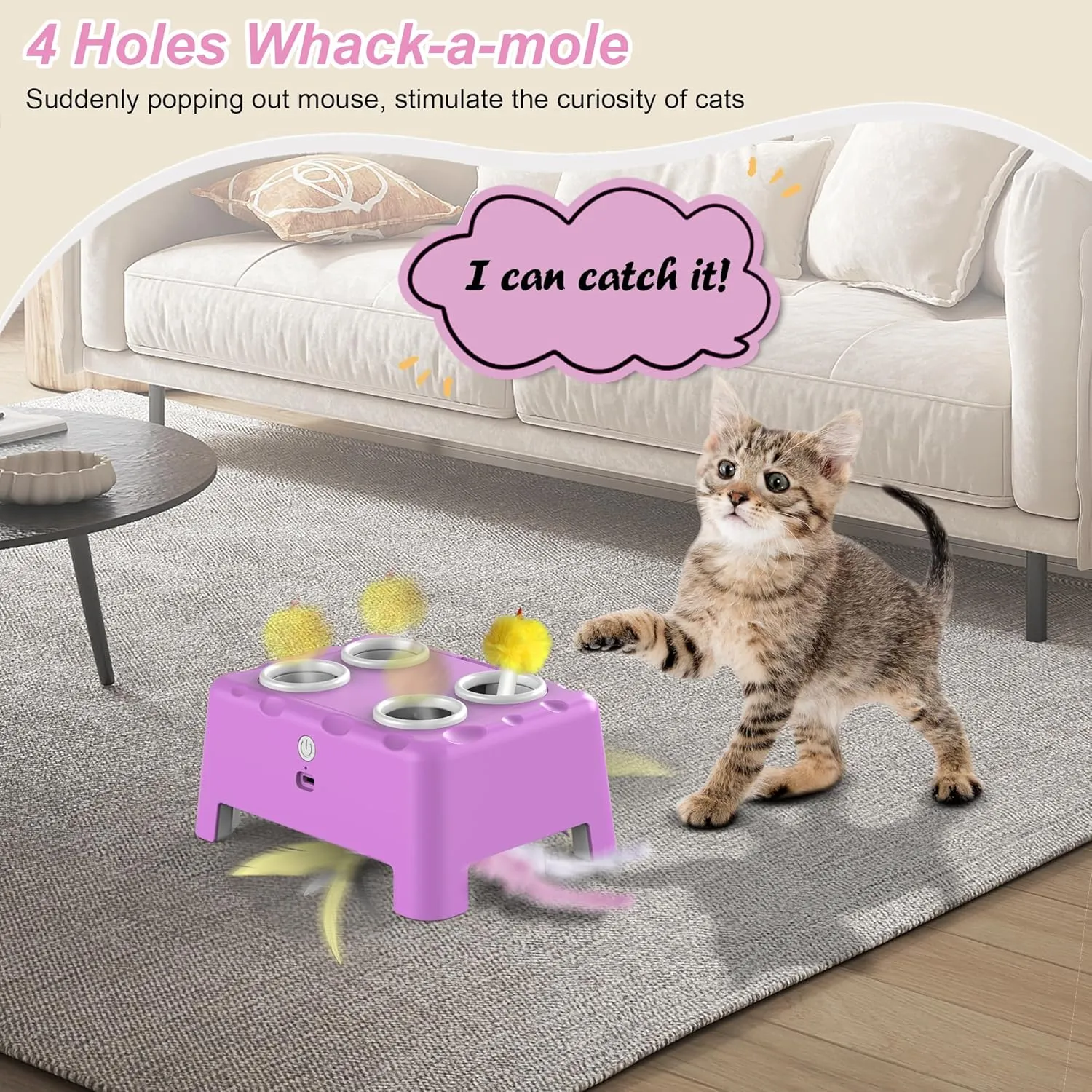 Interactive Cat Toys, 2-in-1 Automatic Cat Toy, 4 Holes Mice Whack A Mole Cat Mouse Toy with Moving Feather, Portable USB Rechargeable Electronic Kitten Toys (Pink)