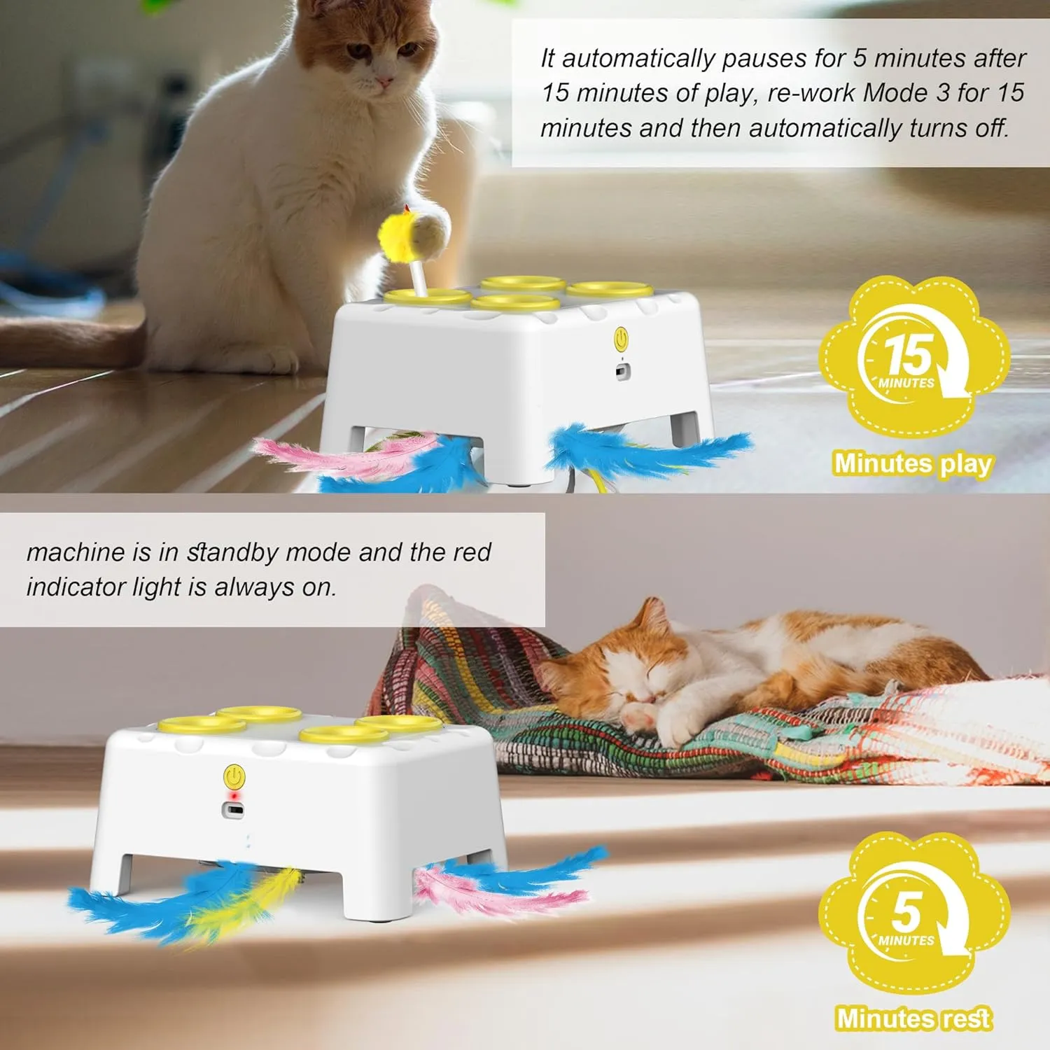 Interactive Cat Toys, 2-in-1 Automatic Cat Toy, 4 Holes Mice Whack A Mole Cat Mouse Toy with Moving Feather, Portable USB Rechargeable Electronic Kitten Toys (White & Yellow)