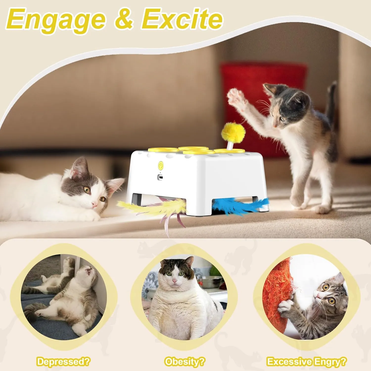 Interactive Cat Toys, 2-in-1 Automatic Cat Toy, 4 Holes Mice Whack A Mole Cat Mouse Toy with Moving Feather, Portable USB Rechargeable Electronic Kitten Toys (White & Yellow)