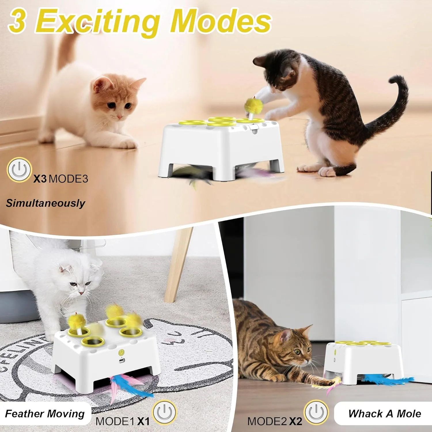 Interactive Cat Toys, 2-in-1 Automatic Cat Toy, 4 Holes Mice Whack A Mole Cat Mouse Toy with Moving Feather, Portable USB Rechargeable Electronic Kitten Toys (White & Yellow)