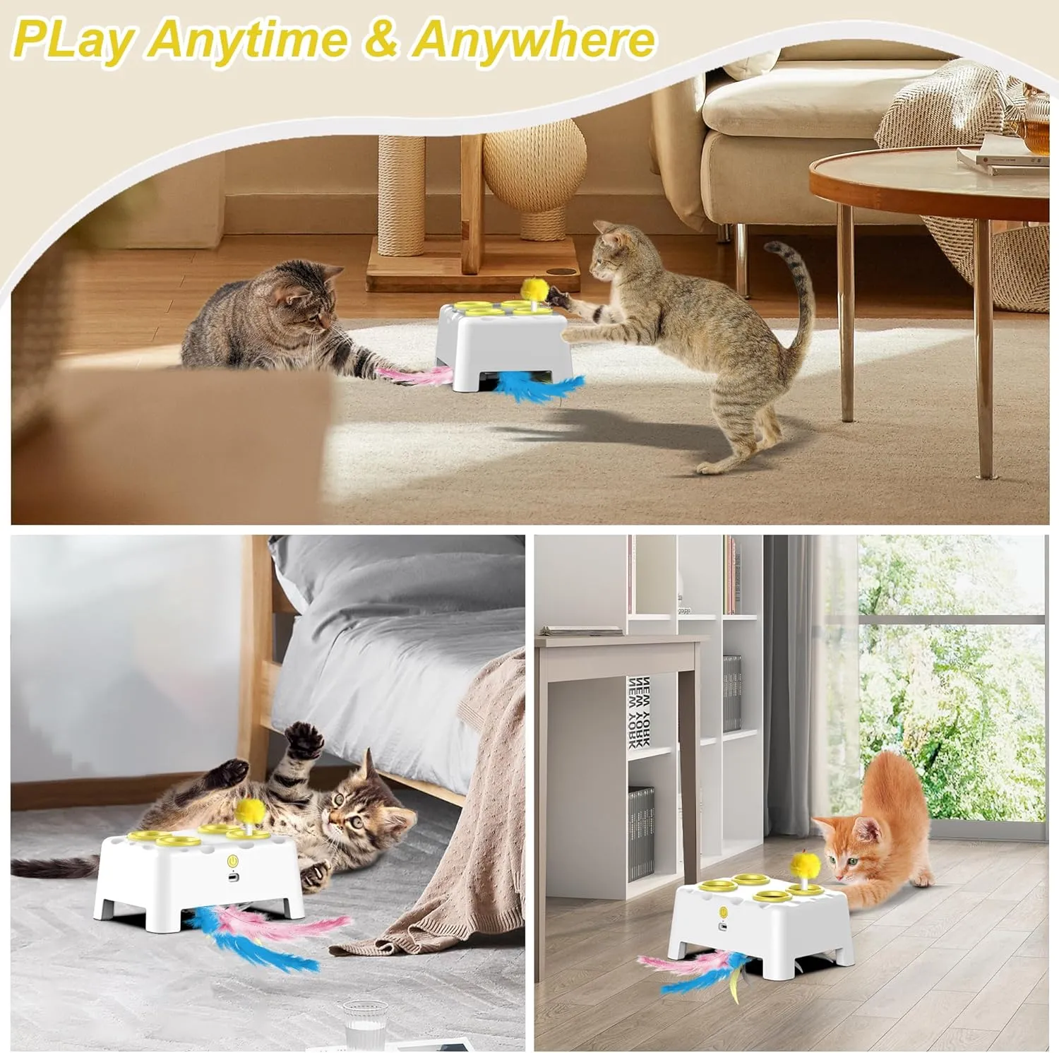Interactive Cat Toys, 2-in-1 Automatic Cat Toy, 4 Holes Mice Whack A Mole Cat Mouse Toy with Moving Feather, Portable USB Rechargeable Electronic Kitten Toys (White & Yellow)