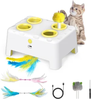Interactive Cat Toys, 2-in-1 Automatic Cat Toy, 4 Holes Mice Whack A Mole Cat Mouse Toy with Moving Feather, Portable USB Rechargeable Electronic Kitten Toys (White & Yellow)