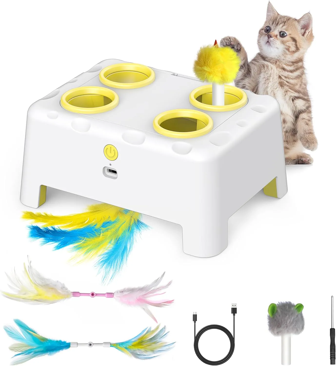 Interactive Cat Toys, 2-in-1 Automatic Cat Toy, 4 Holes Mice Whack A Mole Cat Mouse Toy with Moving Feather, Portable USB Rechargeable Electronic Kitten Toys (White & Yellow)