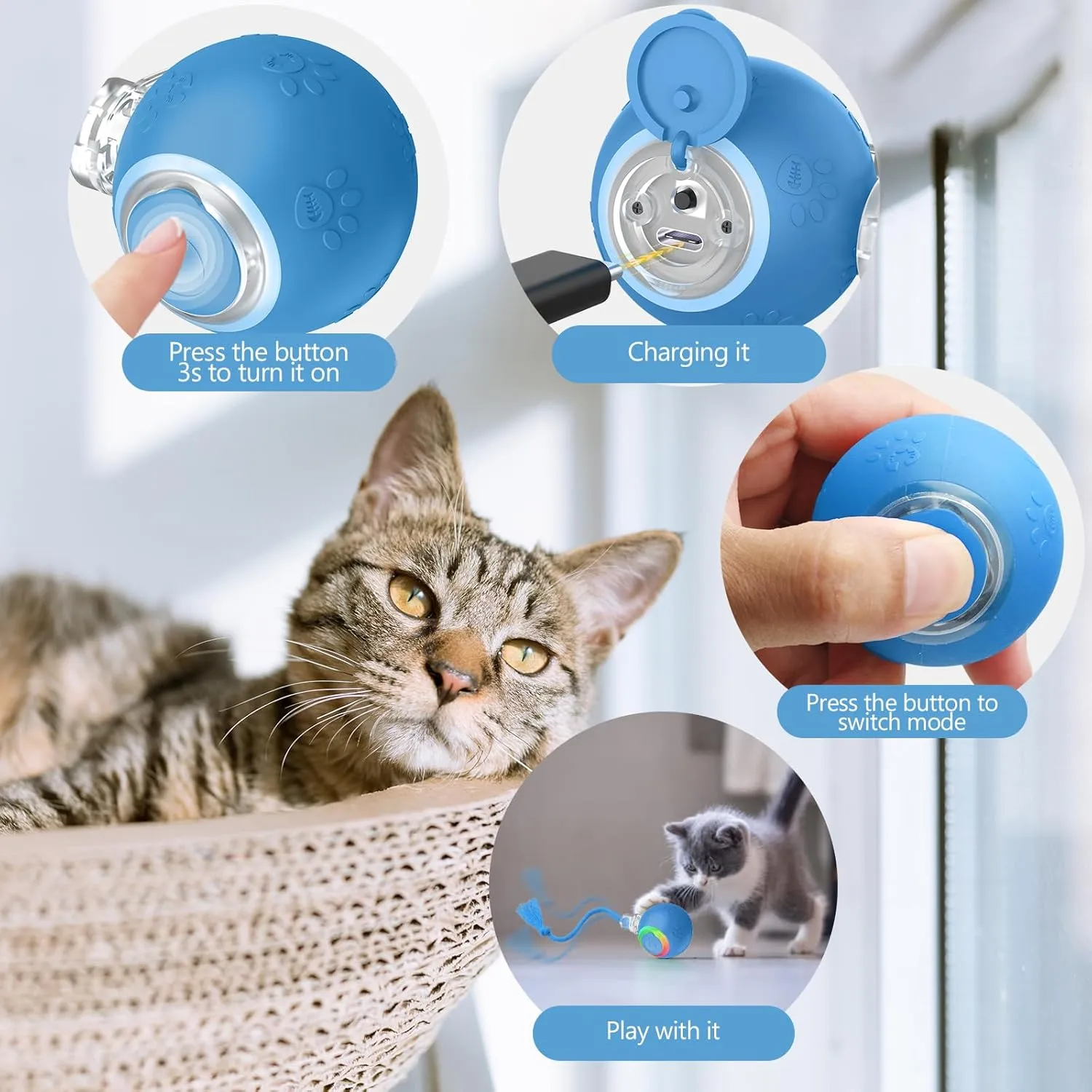 Interactive Cat Toys, Automatic Moving Cat Toys for Bored Indoor Adult Cats, Fast Rolling, Chirping & Motion-Activated Cat Toys, Fun Gift for Cats with Speedy Tail 2.0, USB Rechargeable, Blue