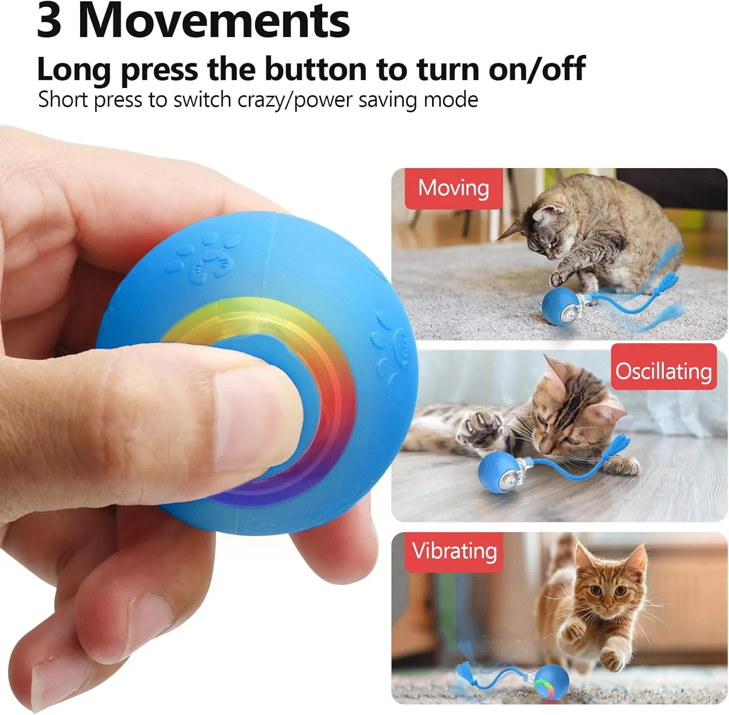 Interactive Cat Toys, Automatic Moving Cat Toys for Bored Indoor Adult Cats, Fast Rolling, Chirping & Motion-Activated Cat Toys, Fun Gift for Cats with Speedy Tail 2.0, USB Rechargeable, Blue