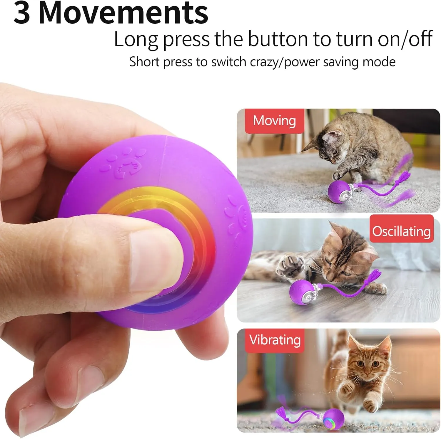 Interactive Cat Toys, Automatic Moving Cat Toys for Bored Indoor Adult Cats, Fast Rolling, Chirping & Motion-Activated Cat Toys, Fun Gift for Cats with Speedy Tail 2.0, USB Rechargeable, Purple