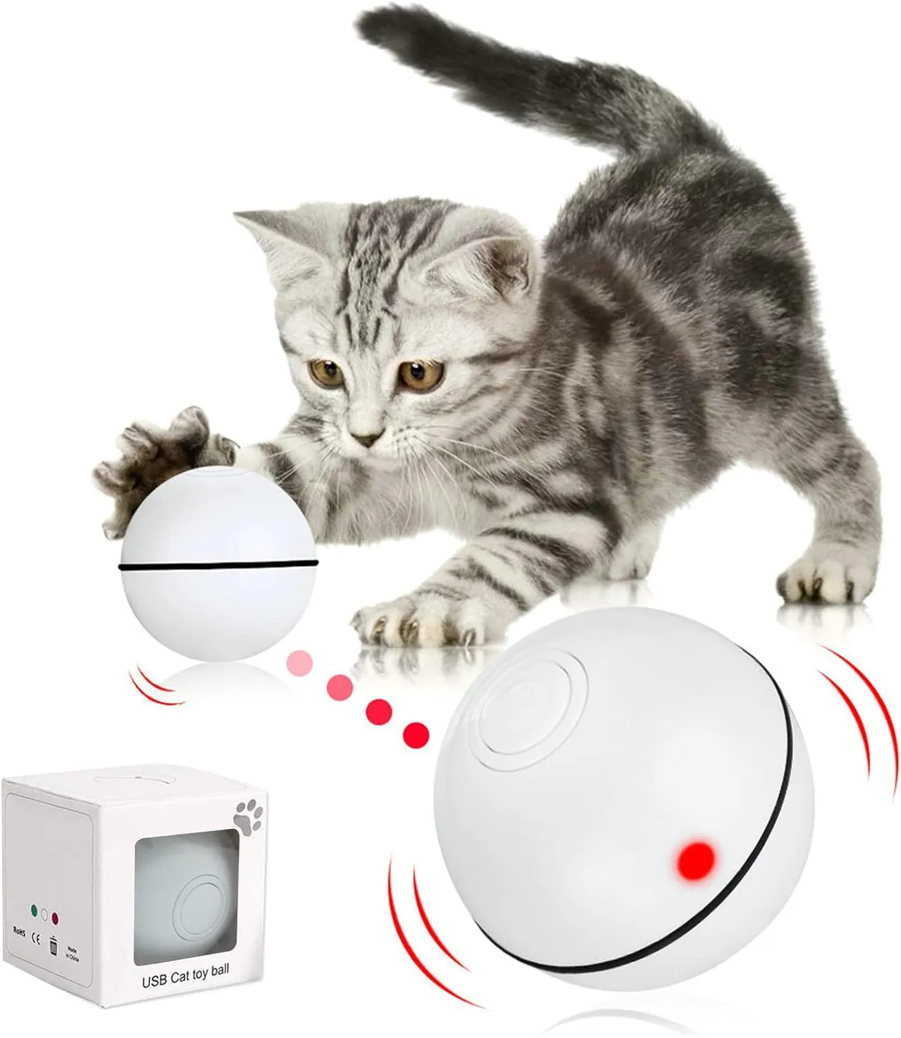 Interactive Cat Toys Ball, Smart Automatic Rolling Kitten Toys, USB Rechargeable Motion Ball   Spinning Led Light with Timer Function, The Best Entertainment Exercise Gift for Your Kitty