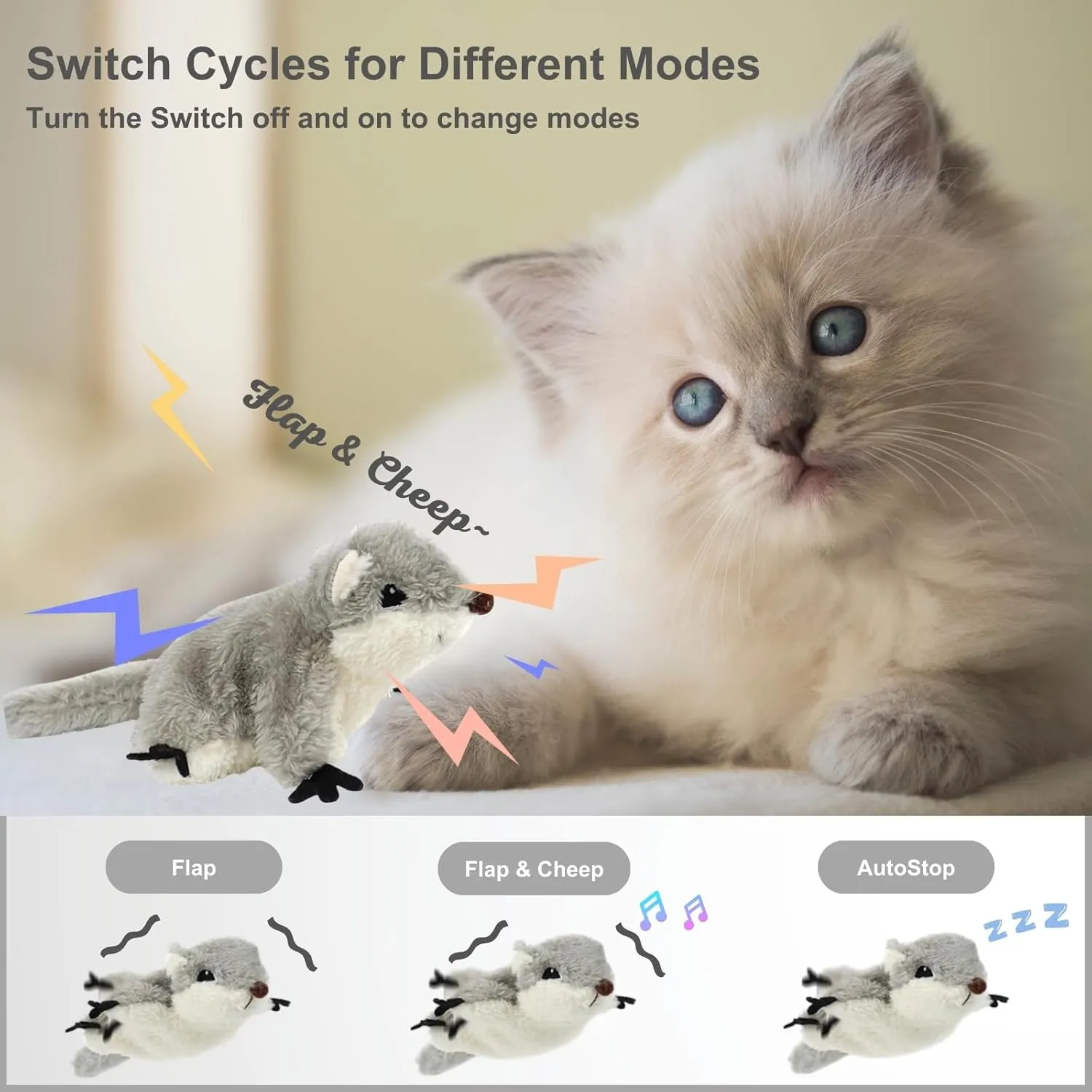 Interactive Flapping Bird Cat Toys, Rechargeable, Touch Activated, Catnip, Chirping Bird Toys for Indoor Cats and Kittens (Sugar Glider)