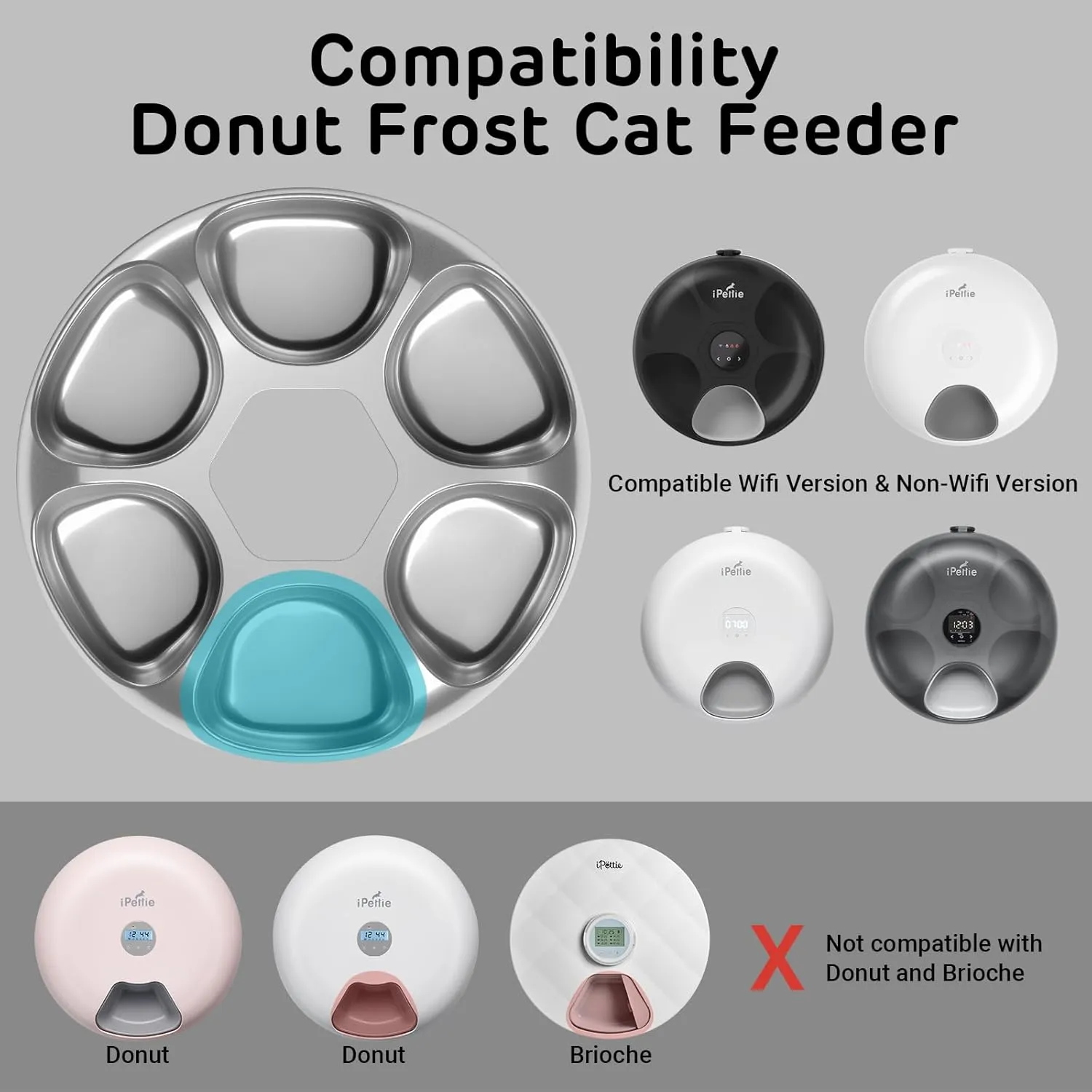 iPettie Upgraded Replacement Food Tray for Donut Frost Automatic Cat Feeder - Corrosion Resistant 304 Stainless Steel, 6 Isolated Portions, Waterproof and Dishwasher Safe