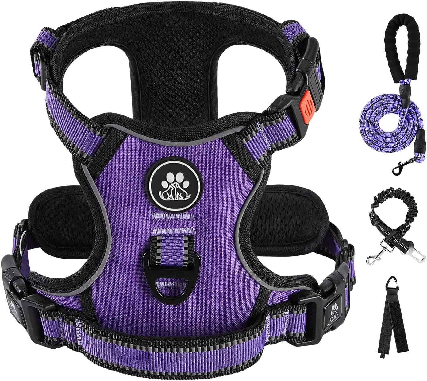 IVY&LANE No Pull Dog Harness for Small Dogs, Dog Vest Harness with Leash, Safety Belt and Storage Strap, Fully Adjustable Harness, 360 Reflective Strip, Soft Handle (Purple, S)