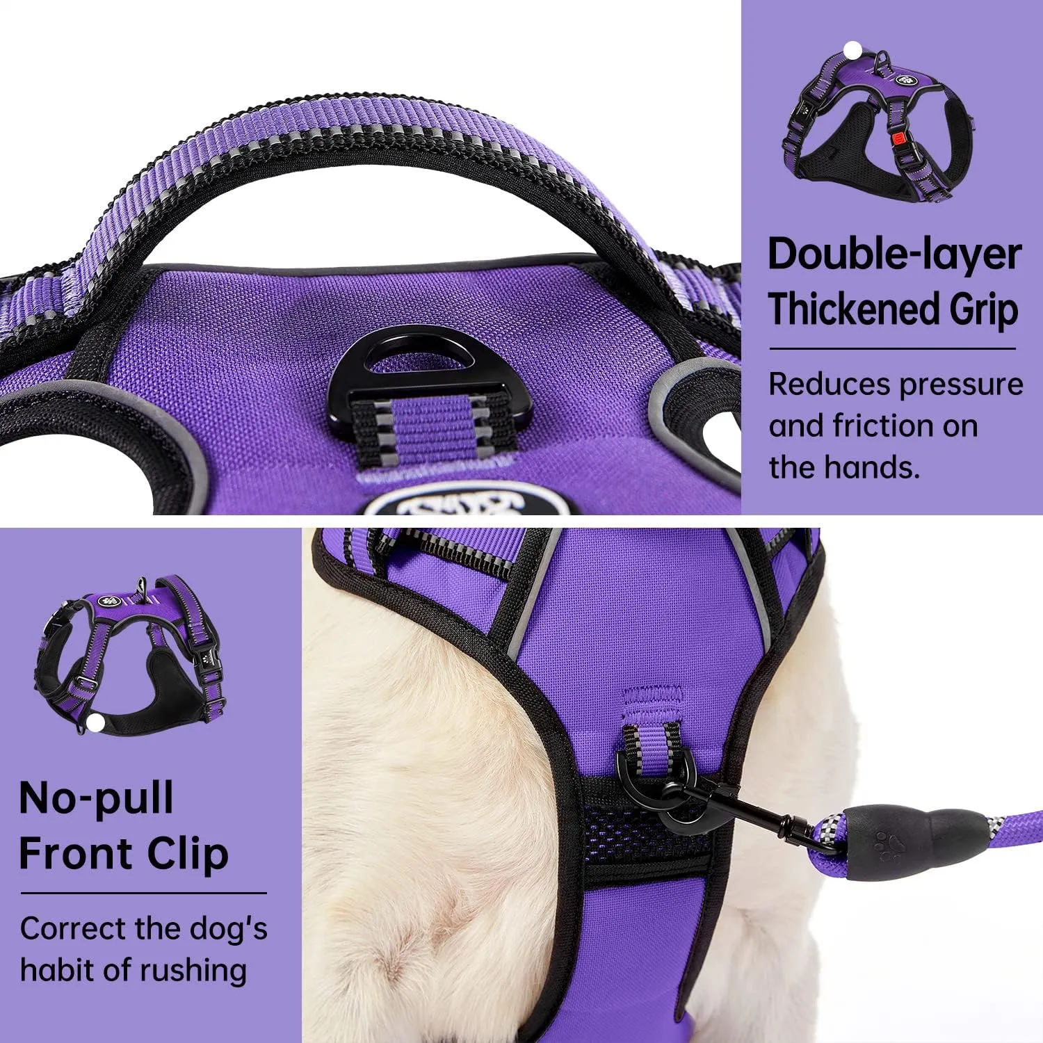 IVY&LANE No Pull Dog Harness for Small Dogs, Dog Vest Harness with Leash, Safety Belt and Storage Strap, Fully Adjustable Harness, 360 Reflective Strip, Soft Handle (Purple, S)