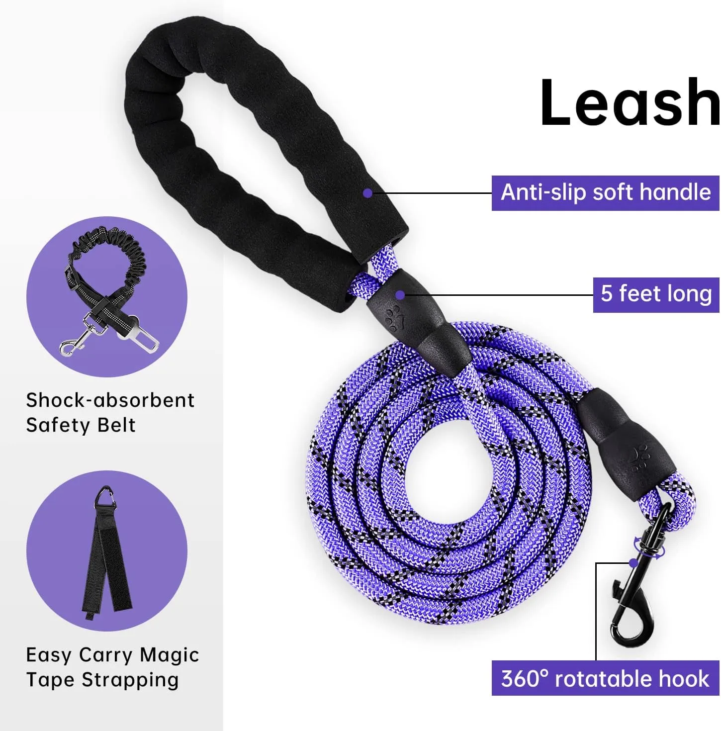 IVY&LANE No Pull Dog Harness for Small Dogs, Dog Vest Harness with Leash, Safety Belt and Storage Strap, Fully Adjustable Harness, 360 Reflective Strip, Soft Handle (Purple, S)