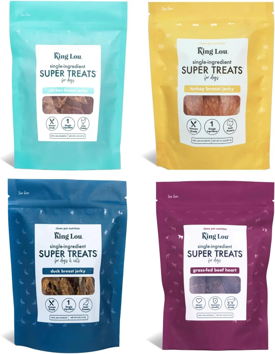 King Lou Dehydrated Dog Snacks Bundle with Duck, Beef Heart, Turkey, and Chicken Breast Jerky - Single-Ingredient - USA-Sourced - No Additives (4 Items)