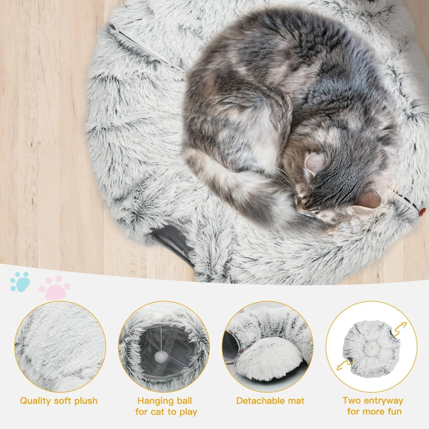 KOMUSMO Cat Tunnel Bed with Central Mat and Hanging Ball Toy, Large Cat Cave Donut for Indoor Cats, Soft Plush Fluffy Peekaboo Cat Bed Cave Collapsible for Small Medium Large Cats Kittens