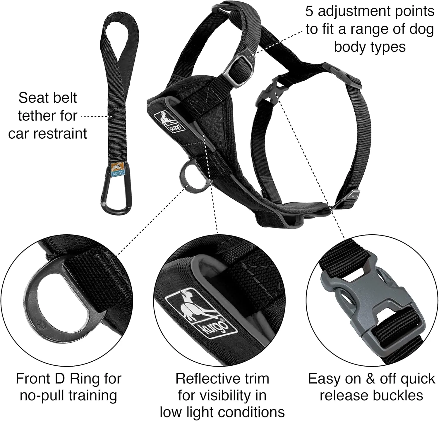 Kurgo Tru-Fit Smart Harness, Dog Harness, Pet Walking Harness, Quick Release Buckles, Front D-Ring for No Pull Training, Includes Dog Seat Belt Tether (Black, X-Large)