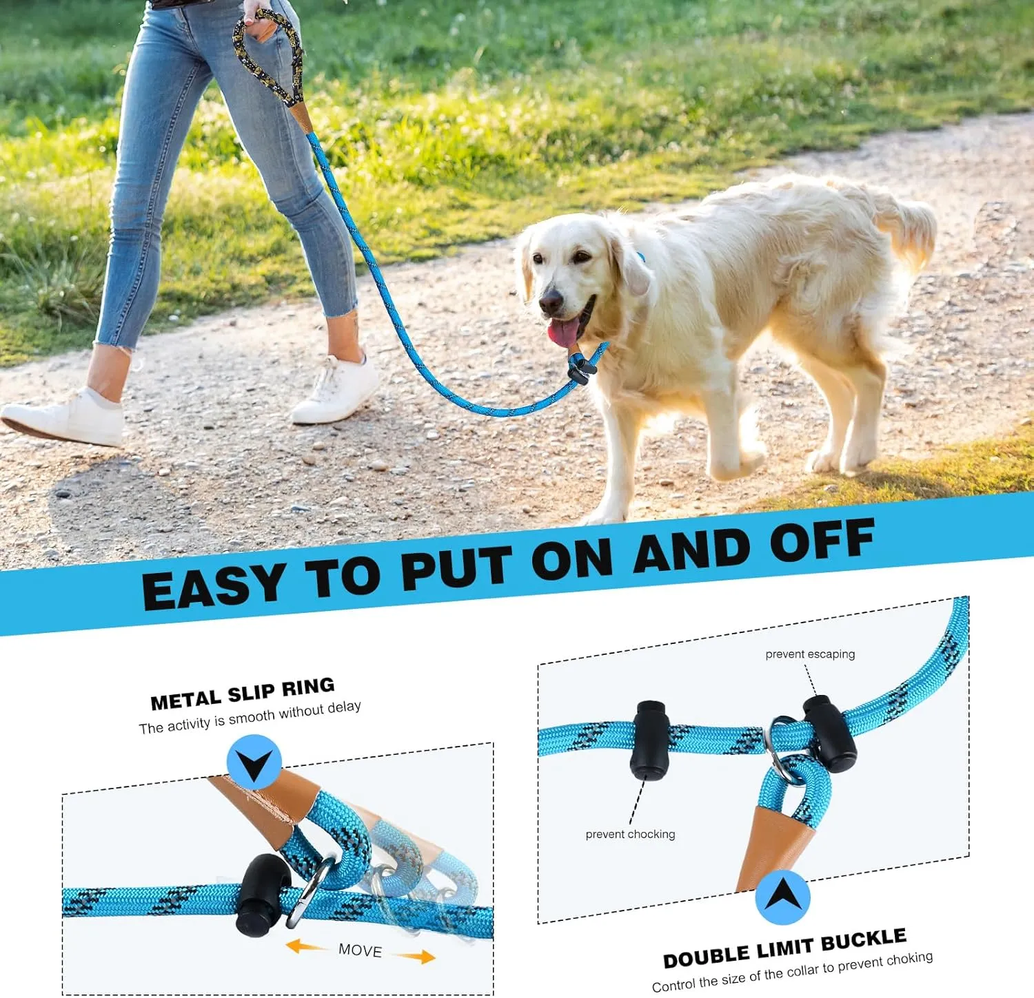 lynxking Slip Lead Dog Leash Reflective, Heavy Duty Comfortable Strong Rope Lead for Large, Medium Dogs, No Pull Pet Training (Light Blue, Large 1/2in x 6ft-Slip Lead)