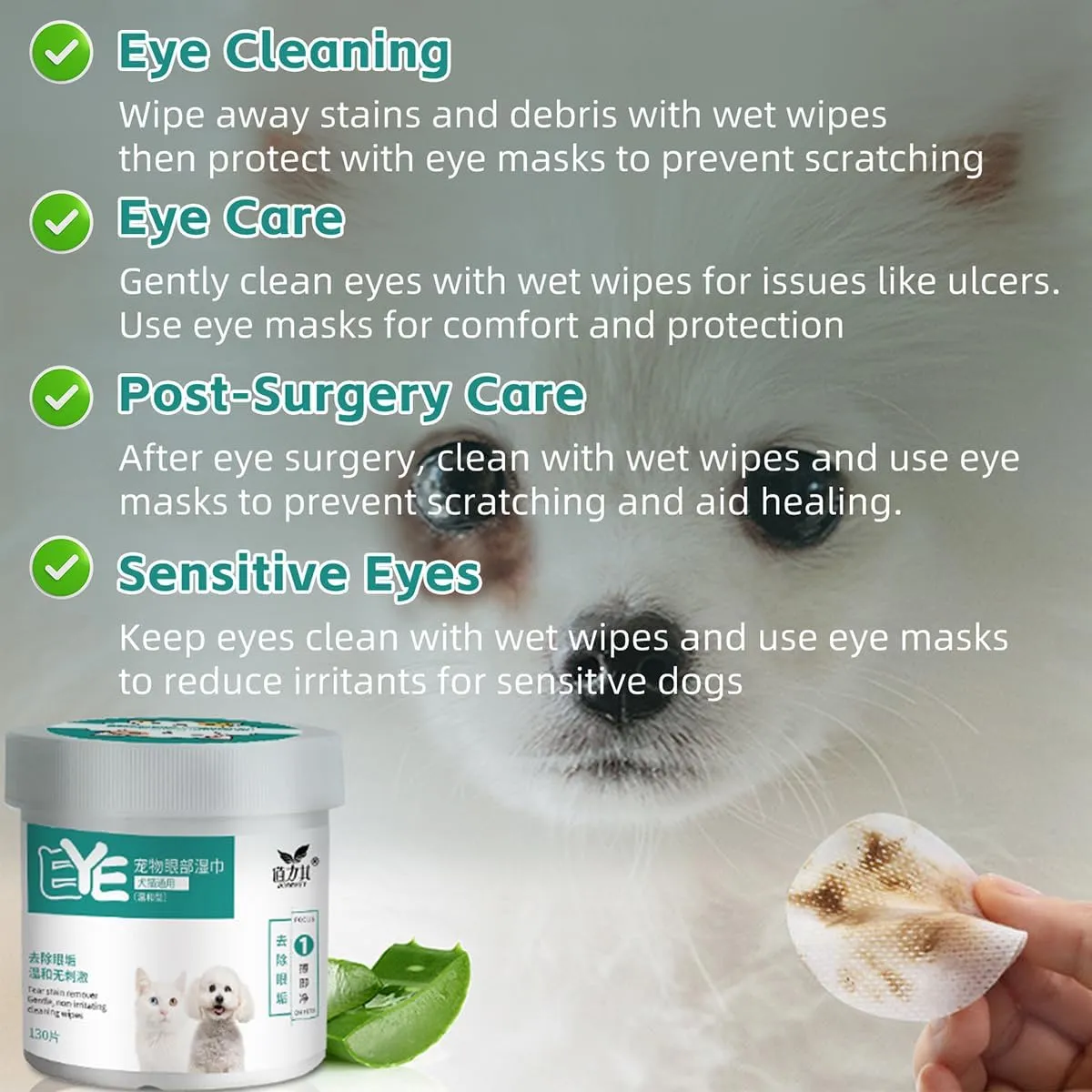 MANON ROSA Eye Care Kit for Dogs Cats for Post-Surgery Care Pet Cleaning Sensitive Eyes(130ct Wipes & 2 Eye Patches) - Ultimate Solution for Alleviating Eye Discomfort (Medium,02)