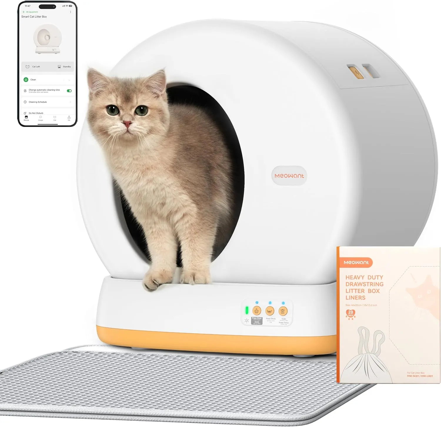 MeoWant Automatic Cat Litter BoxAnti Pinch Self Cleaning Litter Box for Multiple Cats, App Control/Odor Free/Extra LargAutomatic Cat Litter Box Includes Trash Bags, Yellow