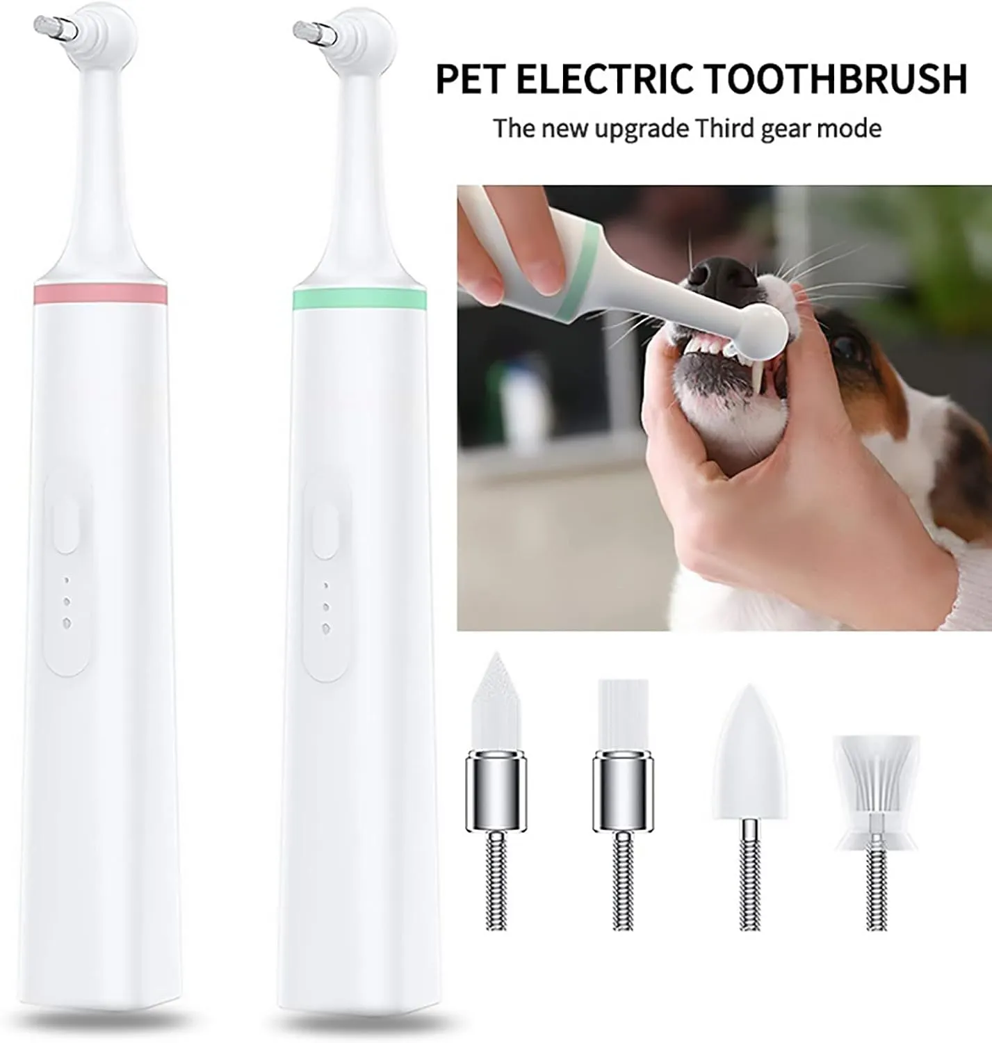 MIAOLLUN Pet Toothbrush Electric Teeth Cleaner Kit, Dog Pet Tooth Brushing Kit with 3 Modes and 4 Replacement Brush Head, 2 Powered Supply Ways, Dental Kit for Pet,Green