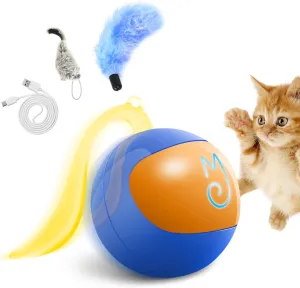 Migipaws Interactive Cat Ball Toy Set, Fun Tracker, Automatic Rolling Chase Ball with Fluffy Tail, A Small Mice, Rechargeable (Blue)