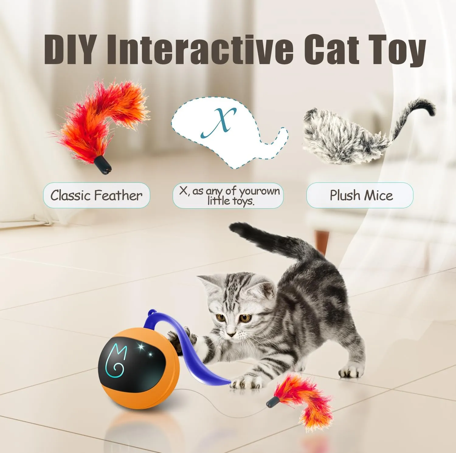 Migipaws Interactive Cat Ball Toy Set, Fun Tracker, Automatic Rolling Chase Ball with Fluffy Tail, A Small Mice, RechargeableOrange