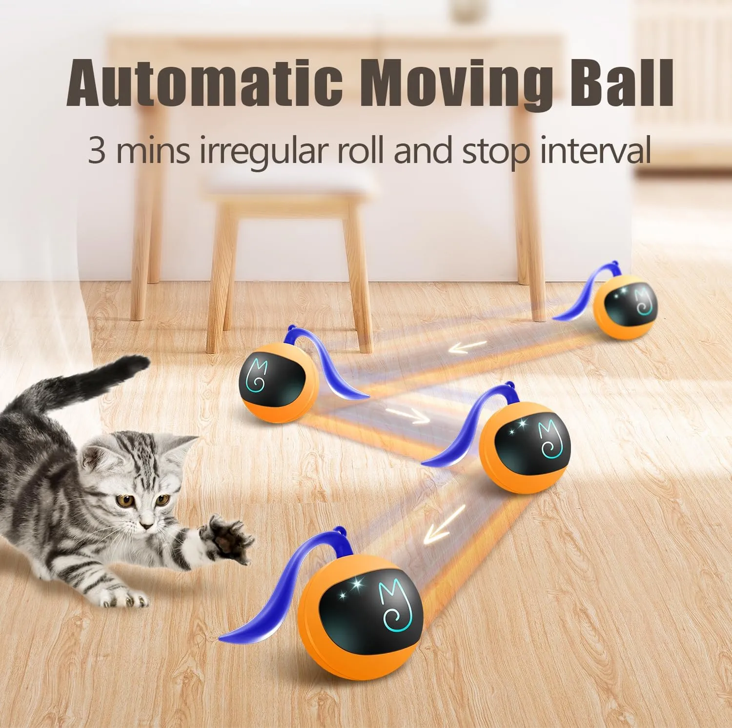 Migipaws Interactive Cat Ball Toy Set, Fun Tracker, Automatic Rolling Chase Ball with Fluffy Tail, A Small Mice, RechargeableOrange
