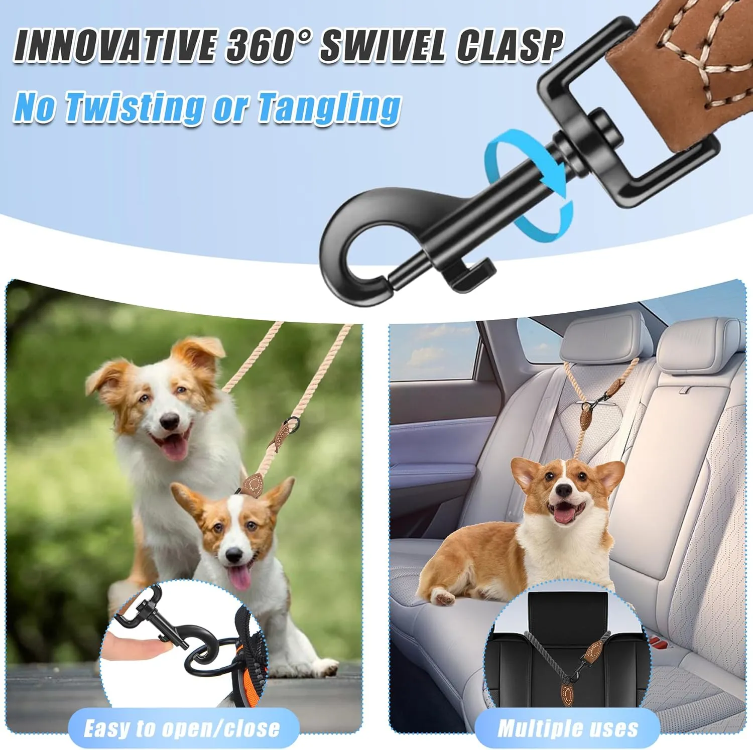 Mile High Life Dual Dog Leash, Double Dog Leash, 360 Swivel No Tangle Walking Leash, Hands Free Leash w Leather Tailored Connection, Double Rope Leash for Two Dogs (Dark Brown, 8FT)