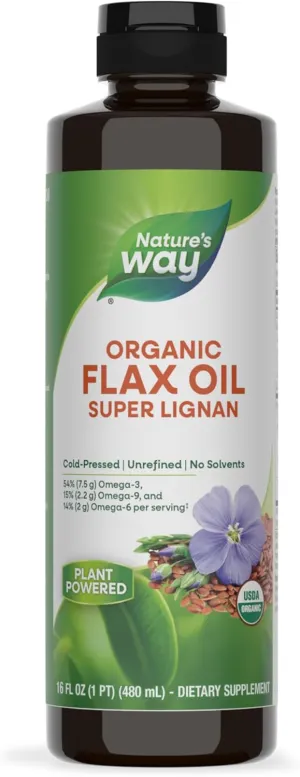 Nature's Way Organic Flax Oil Super Lignan, Omega-3, 6, 9 Fatty Acids(1), Cold-Pressed, Unrefined, Hexane Free, 16 Fl Oz (Packaging May Vary)