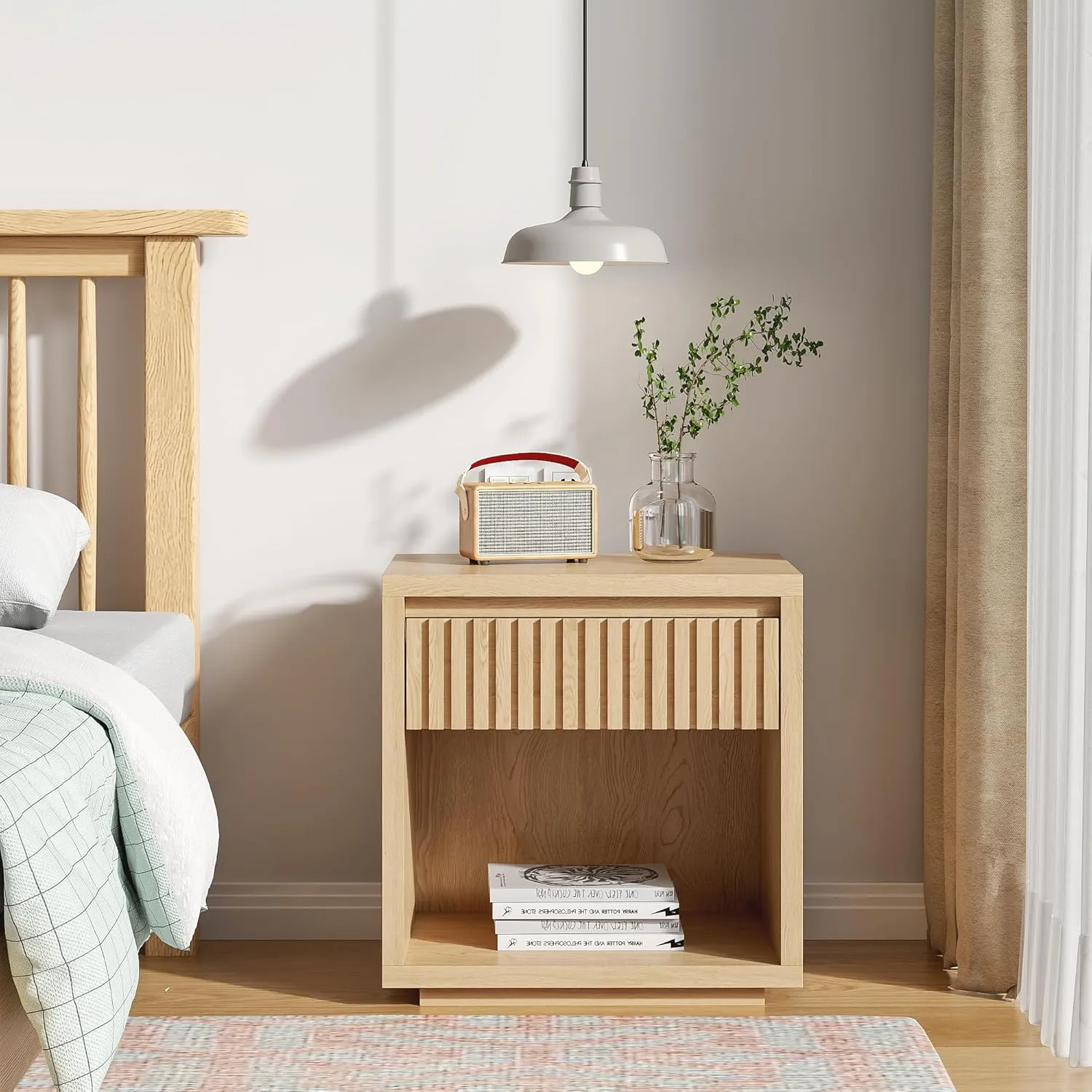 Night Stand Nightstand with Drawer Storage Fluted Bed Side Table End Table 22.44in, Mid Century Bedside Table for Living Room, Bedroom (2, Wood, 22.44'')