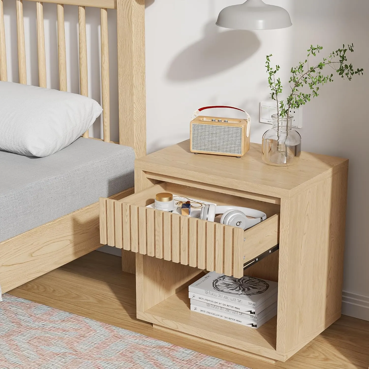 Night Stand Nightstand with Drawer Storage Fluted Bed Side Table End Table 22.44in, Mid Century Bedside Table for Living Room, Bedroom (2, Wood, 22.44'')