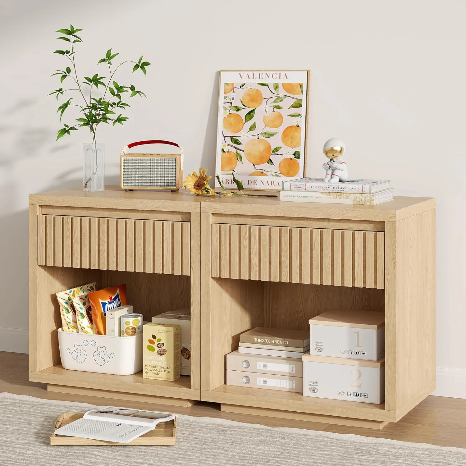 Night Stand Nightstand with Drawer Storage Fluted Bed Side Table End Table 22.44in, Mid Century Bedside Table for Living Room, Bedroom (2, Wood, 22.44'')