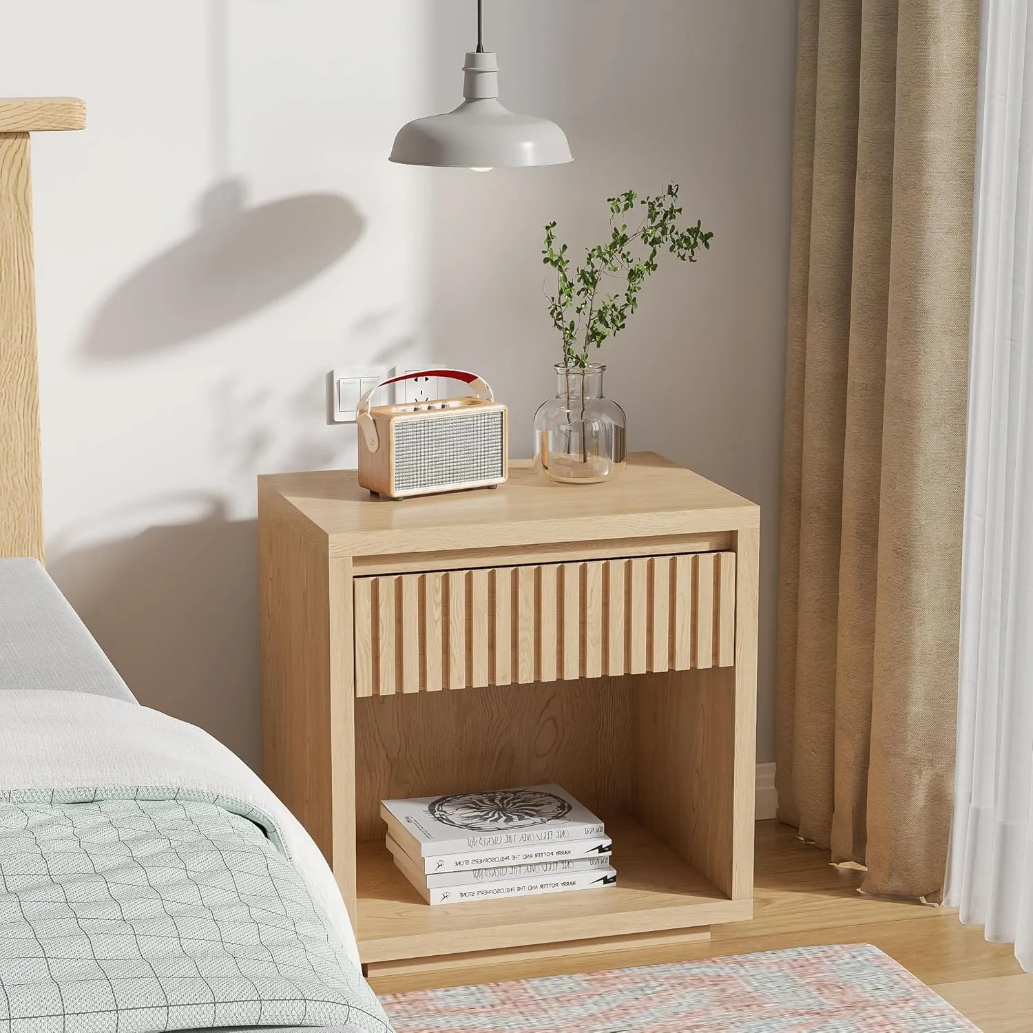 Night Stand Nightstand with Drawer Storage Fluted Bed Side Table End Table 22.44in, Mid Century Bedside Table for Living Room, Bedroom (2, Wood, 22.44'')