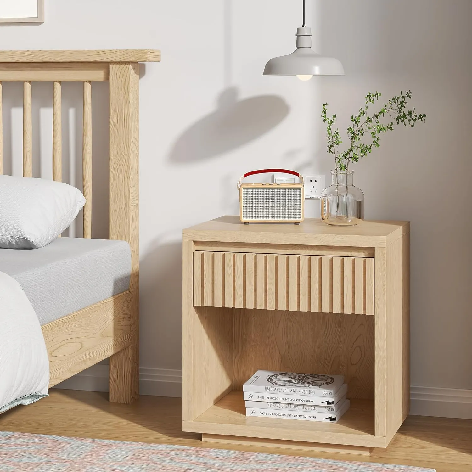 Night Stand Nightstand with Drawer Storage Fluted Bed Side Table End Table 22.44in, Mid Century Bedside Table for Living Room, Bedroom (2, Wood, 22.44'')