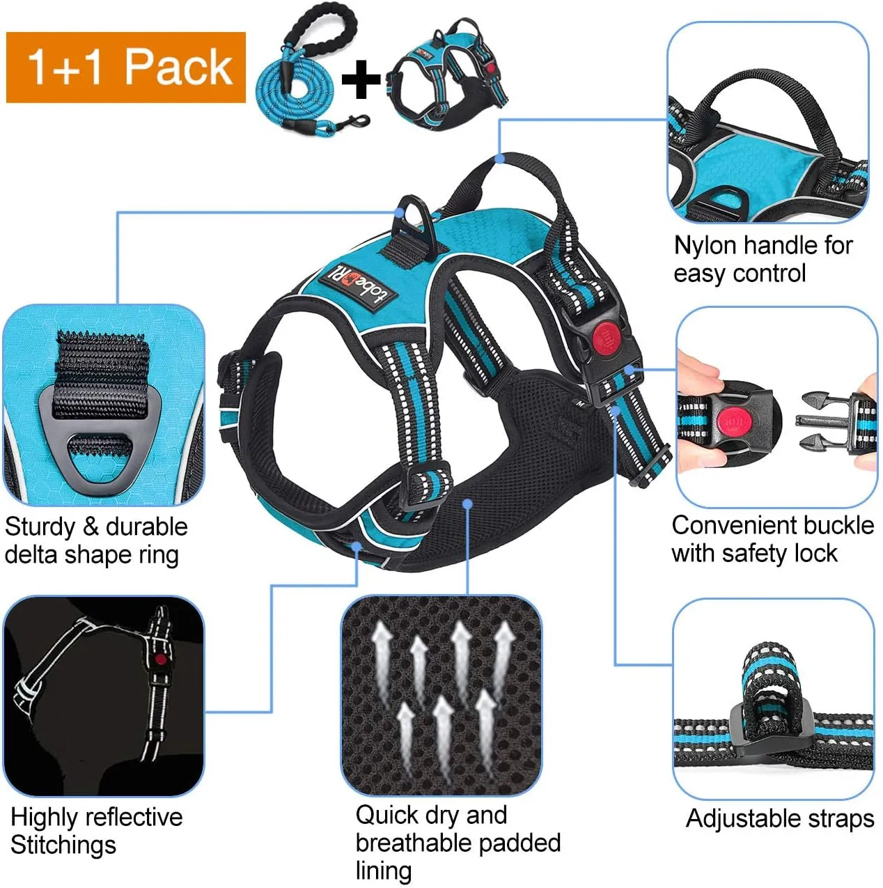 No Pull Dog Harness Adjustable Reflective Oxford Easy Control Medium Large Dog Harness with A Free Heavy Duty 5ft Dog Leash (L (Neck: 18"-25.5", Chest: 24.5"-33"), Blue Harness Leash)