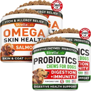 Omega 3   Probiotics Dogs Bundle - Allergy & Itch   Improve Digestion & Immunity - Omega 3 & Pumpkin   Digestive Enzymes - Prebiotics - Itchy Skin   Itching & Licking Treats - 600 Chews - Made in USA